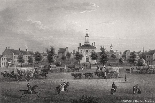 Jackson County (Missouri) Courthouse in Independence, depicted in an 1838 steel engraving from "Meyer's Universum"