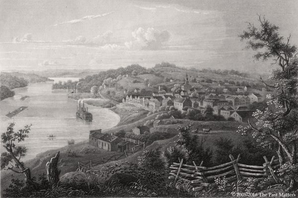 Weston, Missouri, depicted about 1845 in a steel engraving from "Meyer's Universum"
