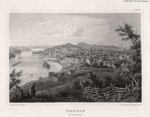 Weston, Missouri, depicted about 1845 in a steel engraving from "Meyer's Universum"